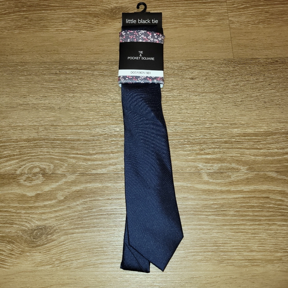 Little Black Tie Navy Blue Tie & Floral Pocket Square Occasion Set New